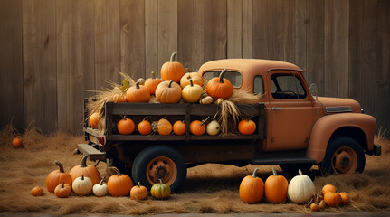 Vintage Harvest Truck with Pumpkins, Thanksgiving background, wide banner.generative.ai