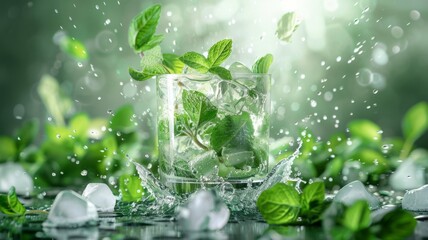 A whirlwind of fresh mint leaves swirling around a frosty mojito glass