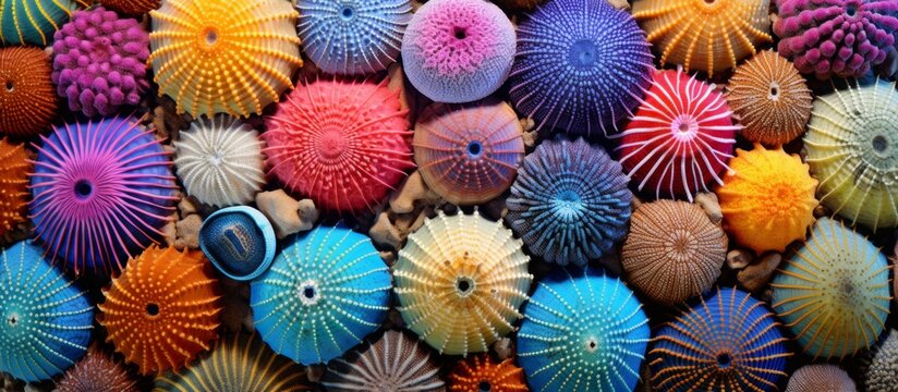A vibrant display of green, blue, pink, magenta, and electric blue sea urchins create an artistic pattern on the natural material reef, showcasing the beauty of these colorful organisms