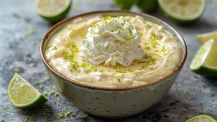 Fototapeten A bowl of key lime pie with whipped cream and lime zest © Anuwat