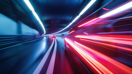 High-speed tunnel. Cars move quickly through an underground tunnel. Long exposure concept, bright illumination from car headlights. - obrazy, fototapety, plakaty