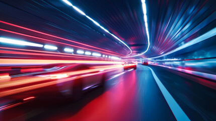 High-speed tunnel. Cars move quickly through an underground tunnel. Long exposure concept, bright illumination from car headlights. - obrazy, fototapety, plakaty