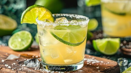 A glass of classic margarita with salt rim and lime - obrazy, fototapety, plakaty