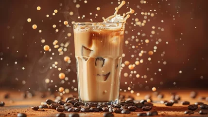 Poster A glass of iced coffee with a splash of milk and coffee beans around © Anuwat