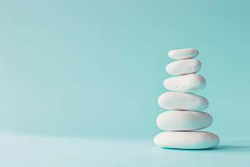 Stack of White Sea Pebble Stones on Light Blue Background. Simple Yet Elegant Concept with Copy Space on Right Side. Pastel Colors Add Serenity to the Composition.