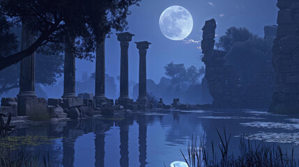 A tranquil pond shimmers under the moons reflection surrounded by weathered stone pillars and dark silhouettes of forgotten ruins. . .