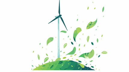Green silhouette wind power generator with leaves f - obrazy, fototapety, plakaty