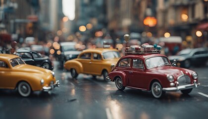 Fototapeta na wymiar A bustling city intersection captured in hyperrealistic detail, but all the vehicles are whimsical contraptions powered by steam, gears, or even balloons.