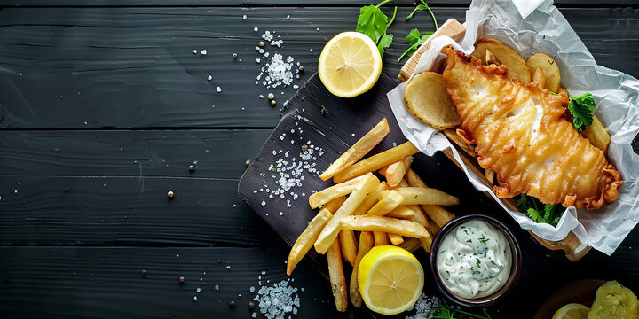 fish and chips with white sauce on a dark background, generative AI