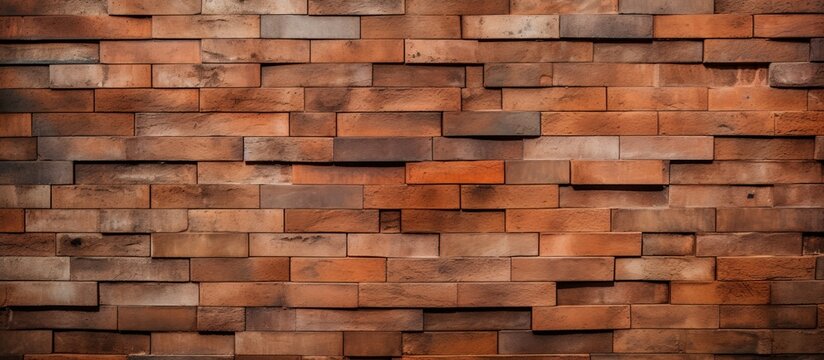 A tight shot of a brown brick wall with a wooden texture, showcasing the intricate patterns of the composite material. The rectangular shapes create a unique flooring pattern