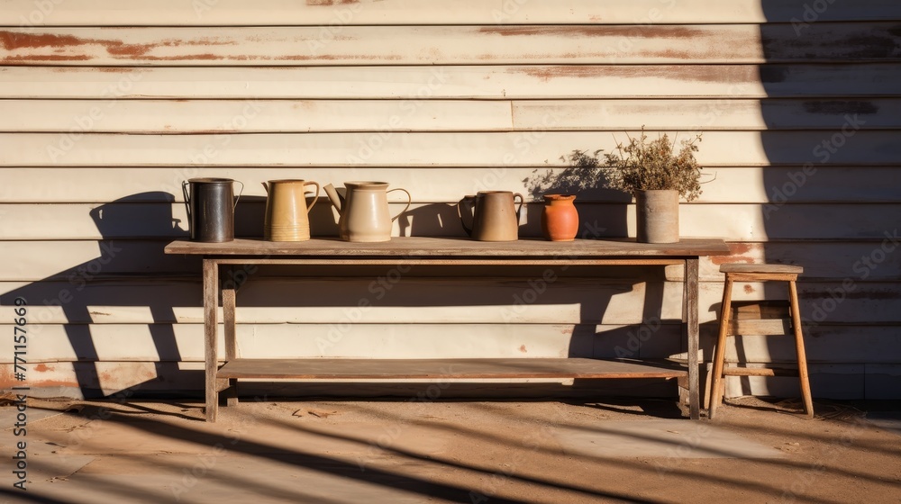 Aufkleber a simple product display table outside a country barn contrasted with long shadows from the afternoo