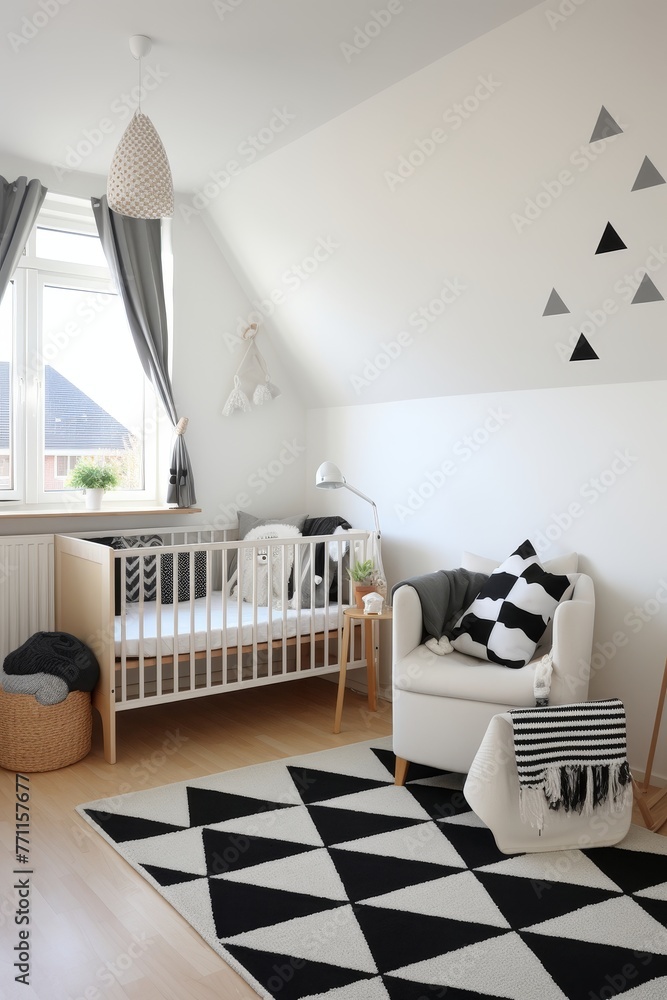 Poster a simplistic modern nursery with monochrome color palette and playful geometric patterns in scandina