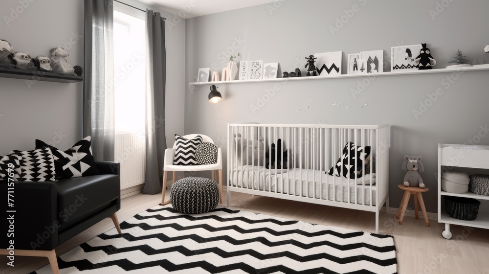 Aufkleber a simplistic modern nursery with monochrome color palette and playful geometric patterns in scandina