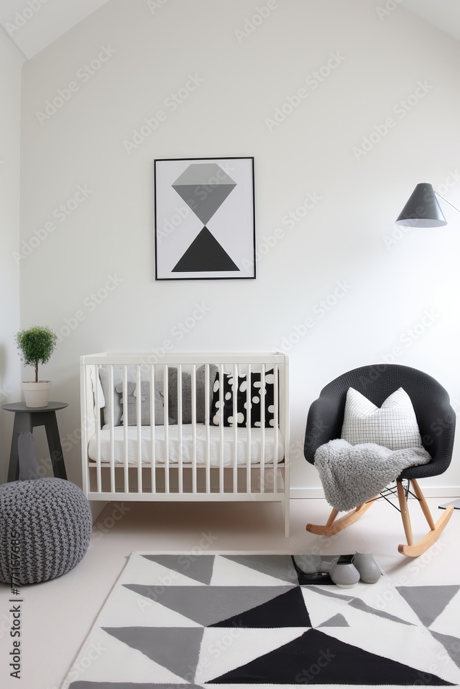 Poster a simplistic modern nursery with monochrome color palette and playful geometric patterns in scandina