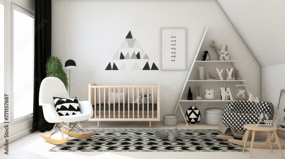 Poster a simplistic modern nursery with monochrome color palette and playful geometric patterns in scandina