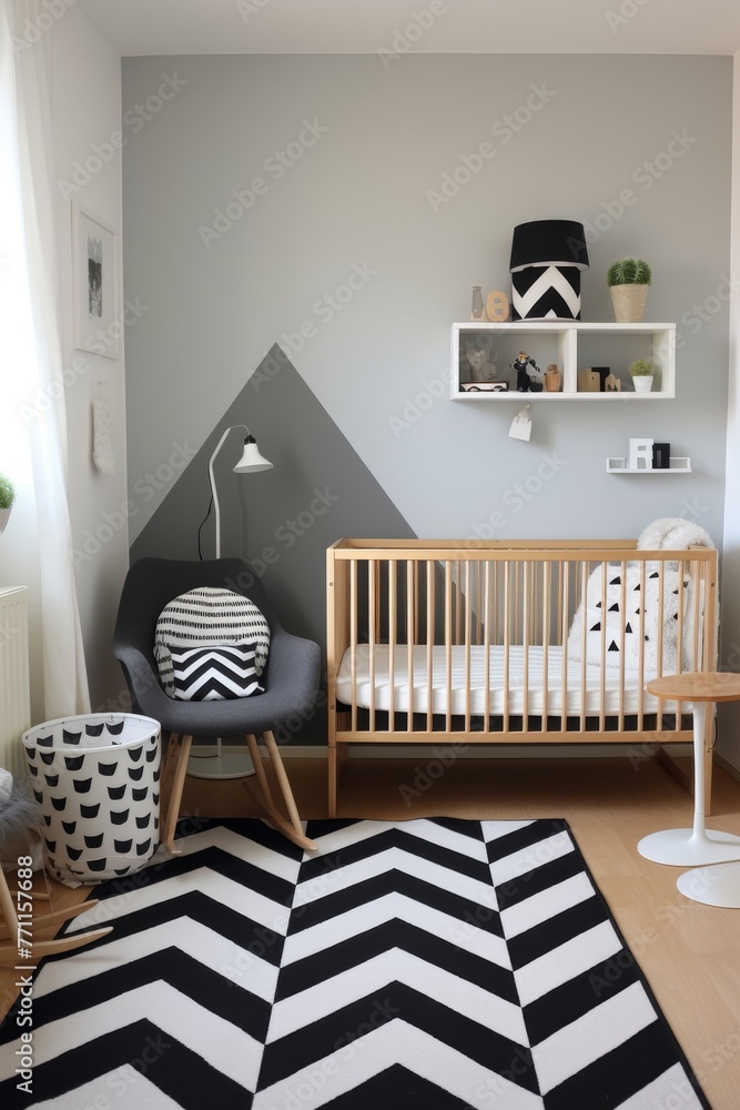Poster a simplistic modern nursery with monochrome color palette and playful geometric patterns in scandina