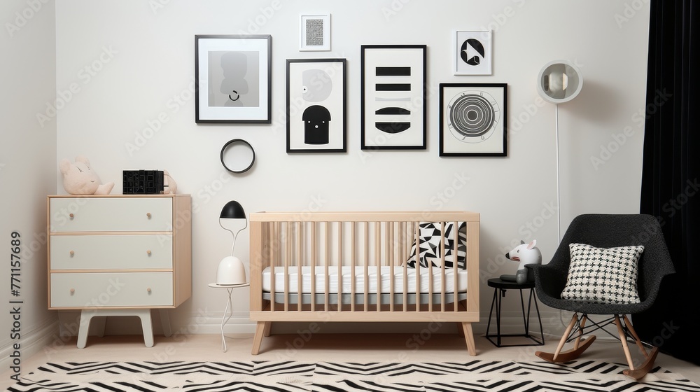 Poster a simplistic modern nursery with monochrome color palette and playful geometric patterns in scandina