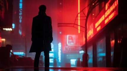 A silhouette of a person in front of neon signages  AI generated illustration
