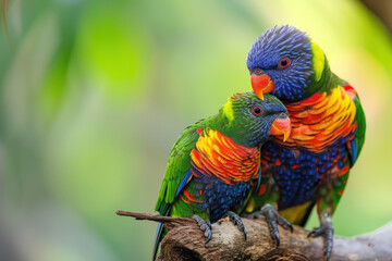 Naklejka premium A Rainbow Lorikeet with her cub, mother love and care in wildlife scene