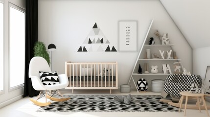 A simplistic modern nursery with monochrome color palette and playful geometric patterns in Scandinavian style  AI generated illustration