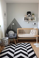 A simplistic modern nursery with monochrome color palette and playful geometric patterns in Scandinavian style  AI generated illustration