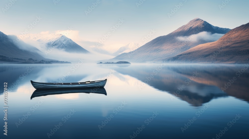 Poster a solitary boat floating on a calm mountain lake creating a tranquil and minimalist scene with refle