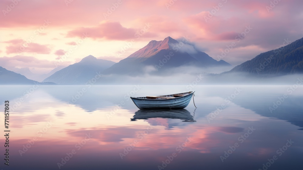 Poster a solitary boat floating on a calm mountain lake creating a tranquil and minimalist scene with refle