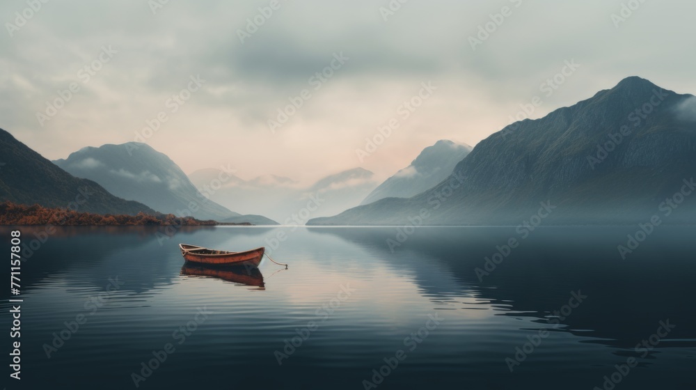 Poster a solitary boat floating on a calm mountain lake creating a tranquil and minimalist scene with refle