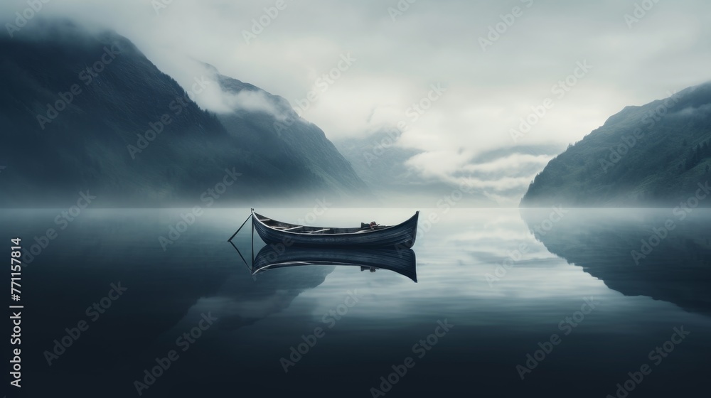 Poster a solitary boat floating on a calm mountain lake creating a tranquil and minimalist scene with refle