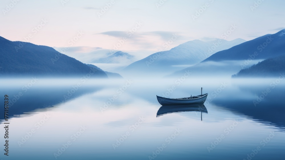 Poster a solitary boat floating on a calm mountain lake creating a tranquil and minimalist scene with refle