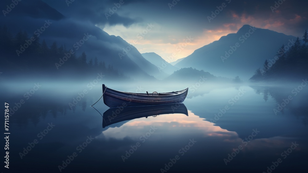 Poster a solitary boat floating on a calm mountain lake creating a tranquil and minimalist scene with refle