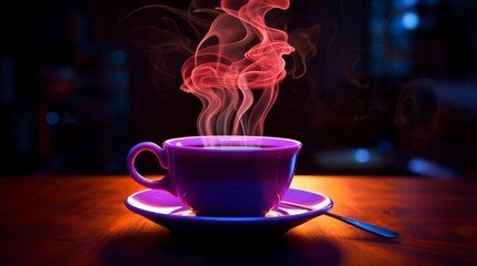 A steaming cup of coffee in neon lighting  AI generated illustration