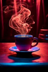 A steaming cup of coffee in neon lighting  AI generated illustration