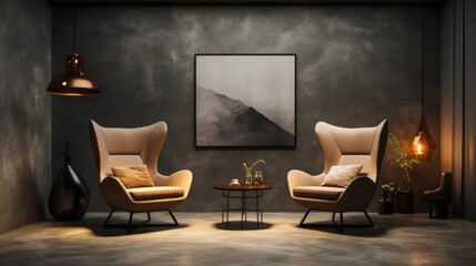 A trendy interior space showcasing two oversized chairs under distinctive studio lighting  AI generated illustration
