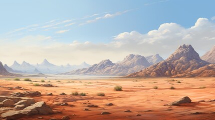 A vast and arid desert landscape with mesas in the distance portraying the simplicity and expansiveness of dry terrains AI generated illustration