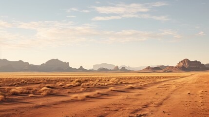 Fototapeta na wymiar A vast and arid desert landscape with mesas in the distance portraying the simplicity and expansiveness of dry terrains AI generated illustration