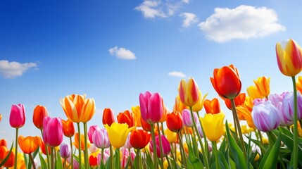 A vibrant tulip field under a clear blue sky presenting a symphony of colors in a minimalist and neatly organized floral landscape  AI generated illustration