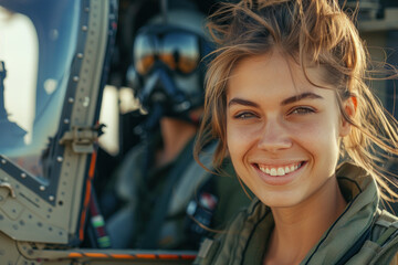 Caucasian woman wearing military pilot uniform in military operations