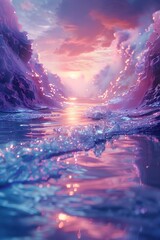 Ethereal Tropical Dreamscape:Spirits Soaring in an Otherworldly Seascape of Vibrant Hues and Mesmerizing Reflections