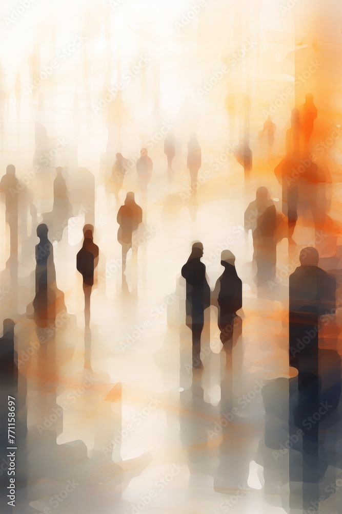 Poster abstract expo background with blurry and unrecognizable figures to indicate busy foot traffic ai gen
