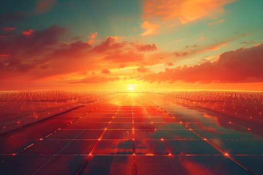 Futuristic Dawn Over Expansive Solar Energy Fields Reflecting in the Sky