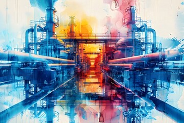 Futuristic Geothermal Power Plant Essence in Vibrant Abstract Watercolor Clipart - obrazy, fototapety, plakaty
