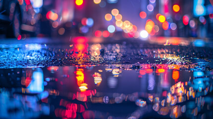 A puddle reflects the bright city lights on a rainy night creating a shimmering dreamlike image in an otherwise bustling scene. . . - obrazy, fototapety, plakaty