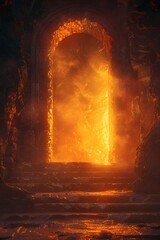 Glowing Archway Leads into the Enigmatic Depths of an Ancient Ruin,Bathed in the Warm Glow of a Flickering Light - obrazy, fototapety, plakaty