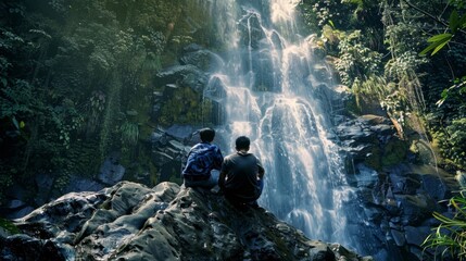 Two friends sit on a large boulder backs facing the camera as they admire a breathtaking waterfall cascading down from a distant . .