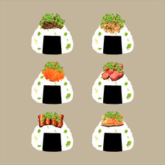 Hand drawn vector illustration of set of different Japanese rice ball with hiragana word means "Onigiri"