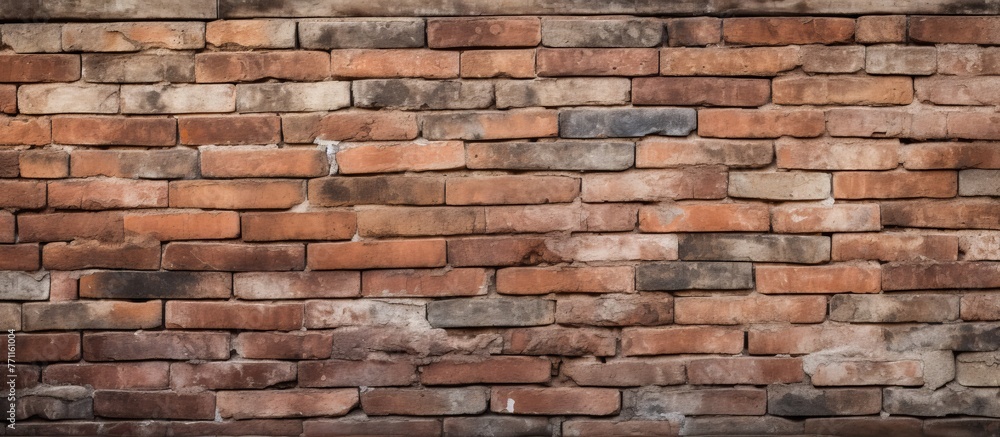 Poster a detailed closeup of a brown brick wall showcasing the rectangular shape of each brick. the buildin
