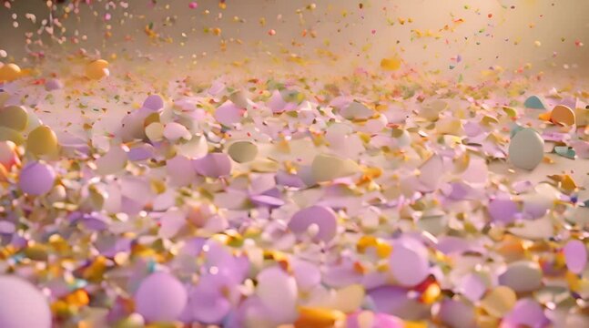 Confetti celebratory explosion with elements on a pastel colors and white background. Confetti falling from a high angle to the bottom
