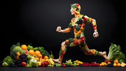 We are what we eat, so I take care of myself. picture of a running guy composed of bits of veggies and fruits—good sustenance for an entire, healthy life. diet, way of life, and dark background