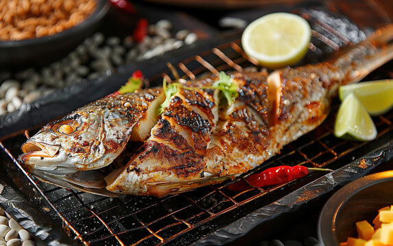 Gourmet grilled fish on the grill,created with Generative AI tecnology.